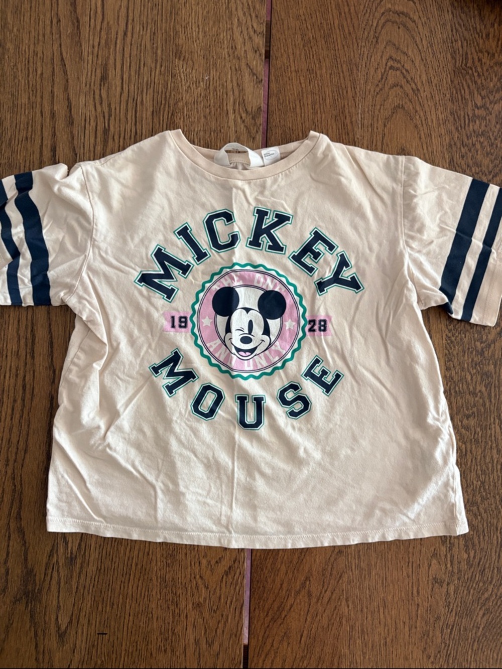 H&M 8-10y Disney Mickey Mouse Cream Pink Navy Striped 100% Cotton Tee